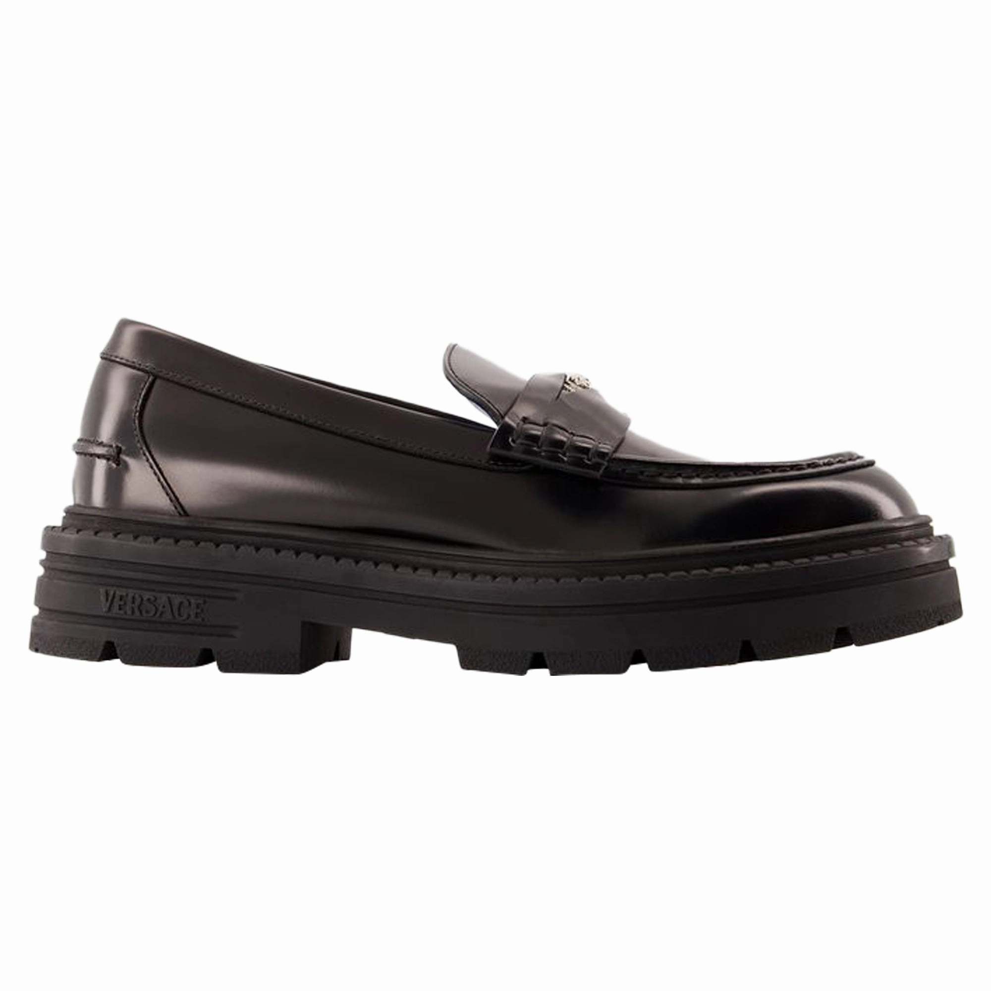 Adriano Flat Shoes - Versace - Leather - Black Polished Comfort Ground Hug