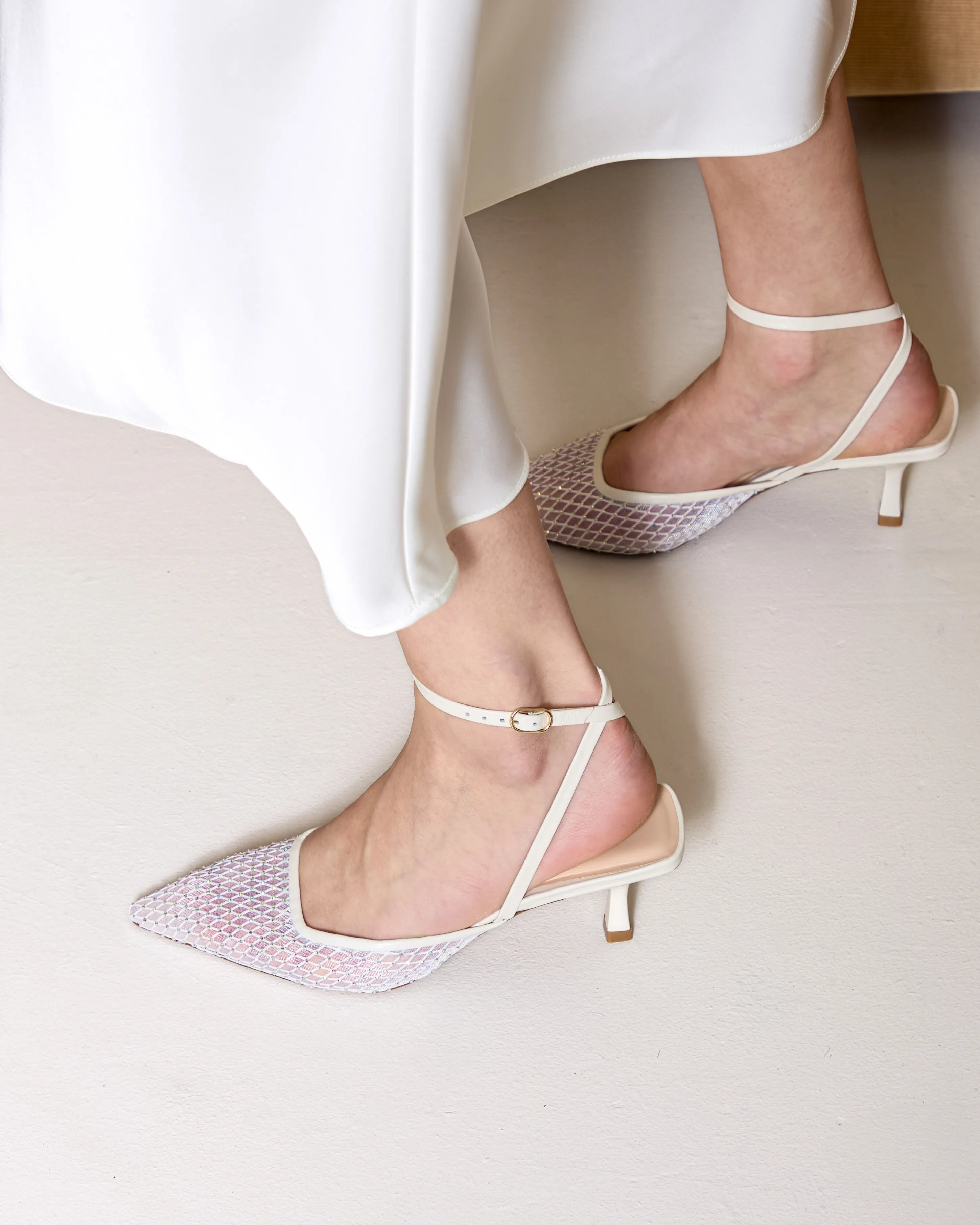 Aster White Mesh Slip-On Heels Sophisticated Pumps