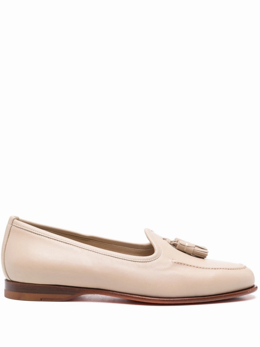 Pure Dash Beige Leather Tassel Loafers With Rubber Sole