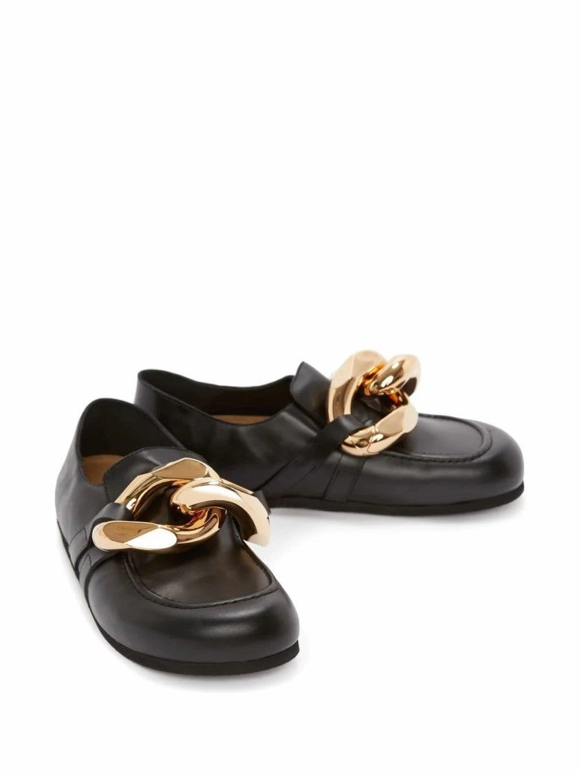 Soft Steps Black Leather Loafers With Oversized Gold Chain Detail