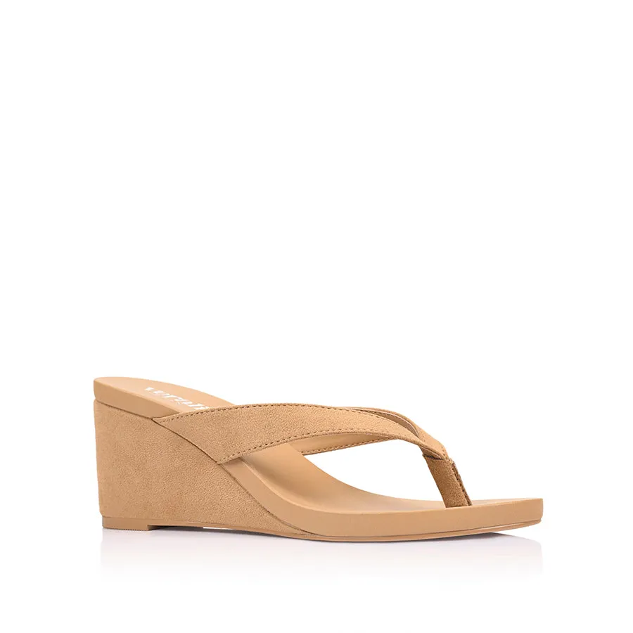 Polly Thong Wedges - Camel Tan Micro Stretchable Fabric Luxury Vibe