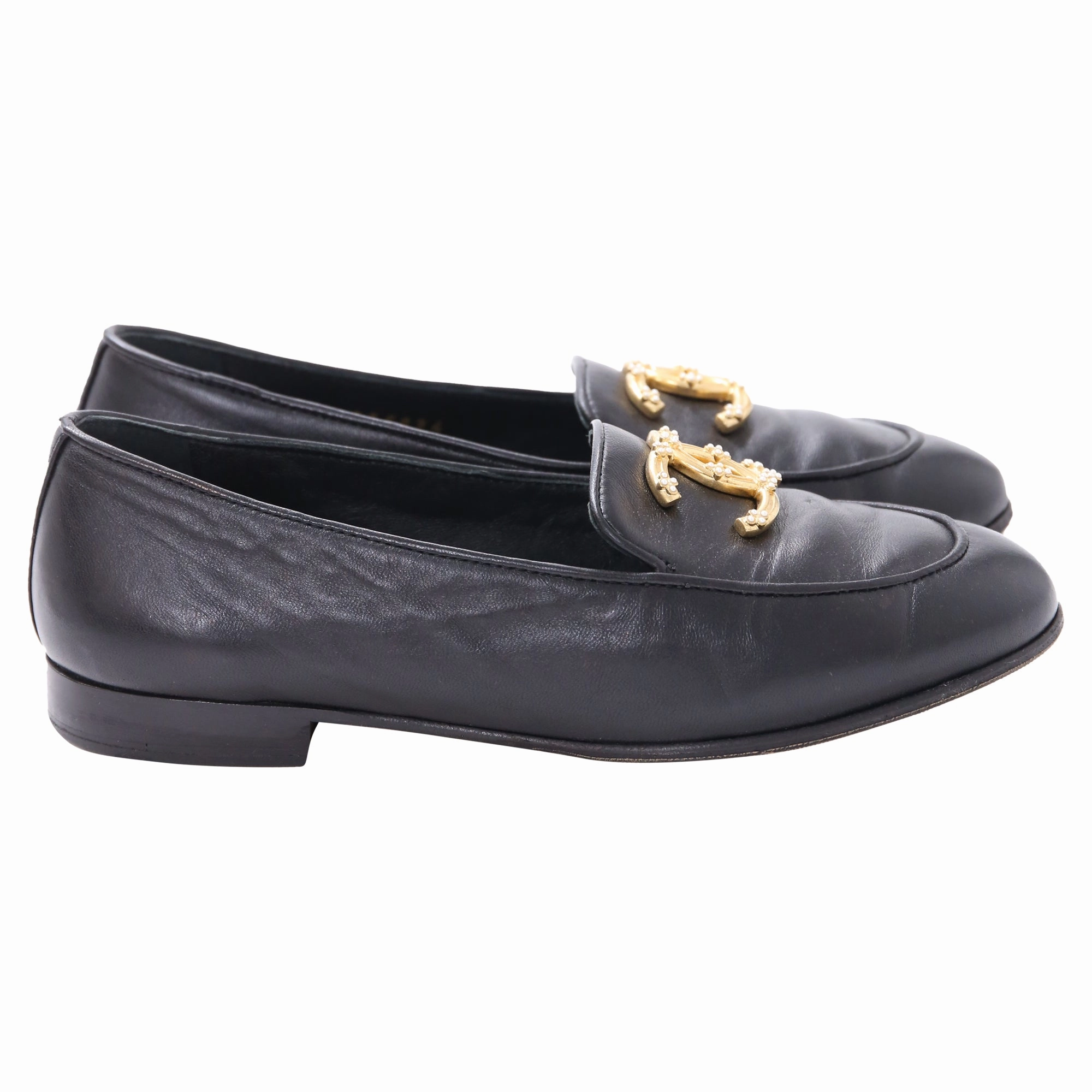 Reliable Fit Chanel Pearl CC Loafers in Black Lambskin Leather