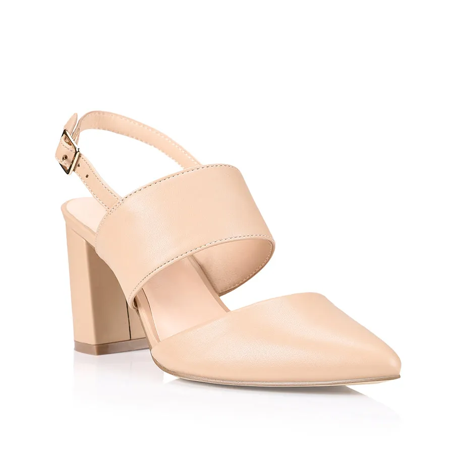 Ena Closed Toe Block Heels - Nude Smooth Elastic Material
