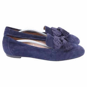 Aquazzura Tassel-Embellished Loafers in Navy Blue Suede Even Path Polished Edge