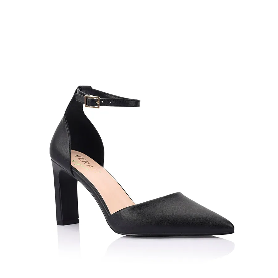 Black Leather Stilettos Premium Pumps Kosta Closed Toe Block Heels - Black