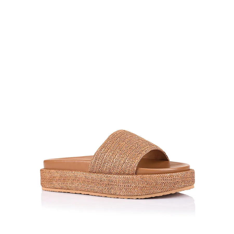 Romy Flatform Slides - Tan Raffia Breathable mesh Lightweight Footwear