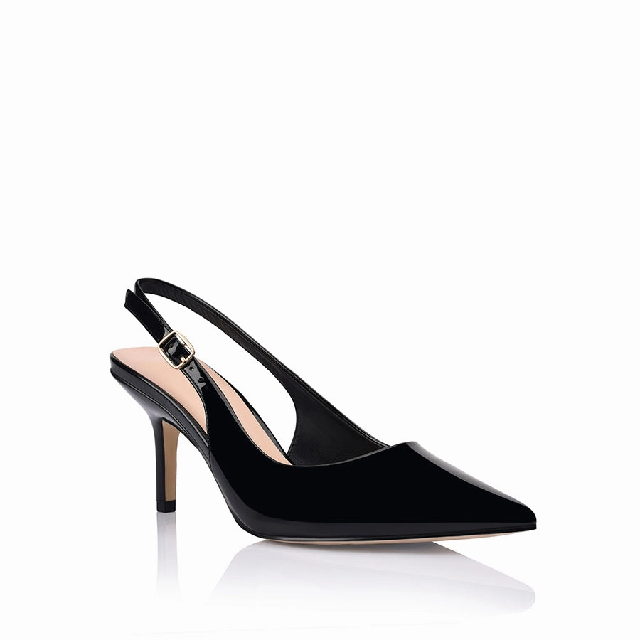 Ventilated Gold High Heels Shayley Slingback Stilettos - Black Patent