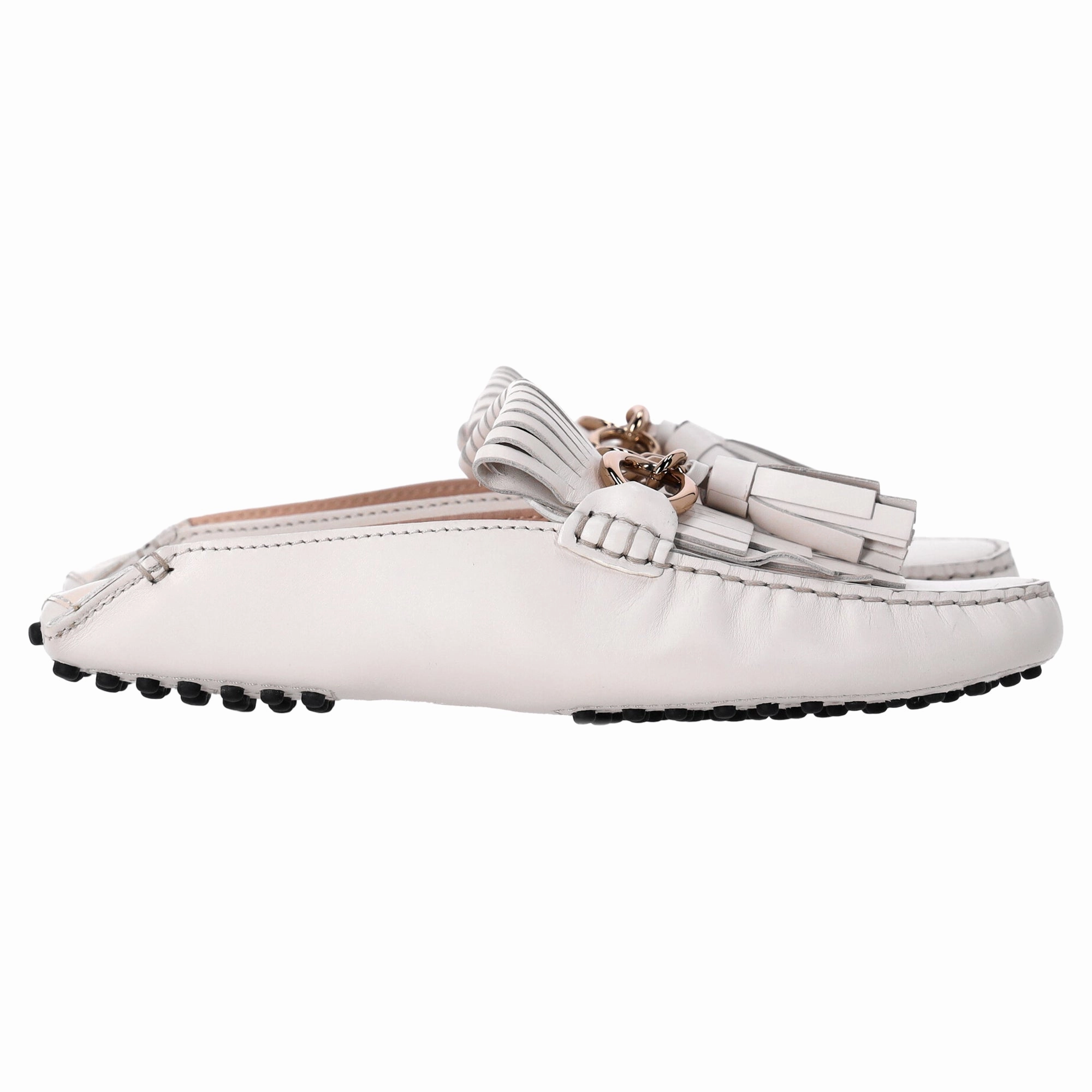 Tod's Tassel and Chain Detail Loafers in White Leather Effortless Style