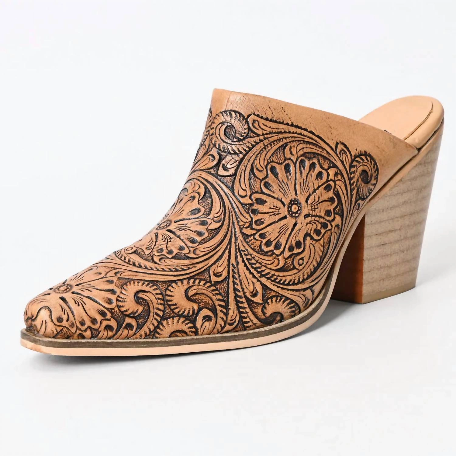 Women's Floral Hand Curved Western Leather Sliper Loafer In Brown Flat Ease Weekend Fair