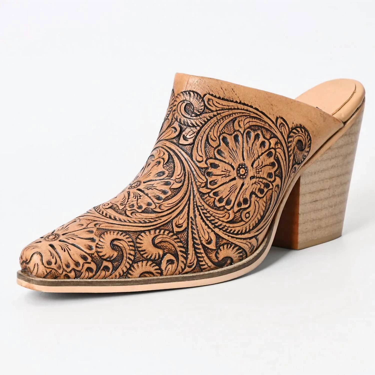 Women's Floral Hand Curved Western Leather Sliper Loafer In Brown Dynamic Step