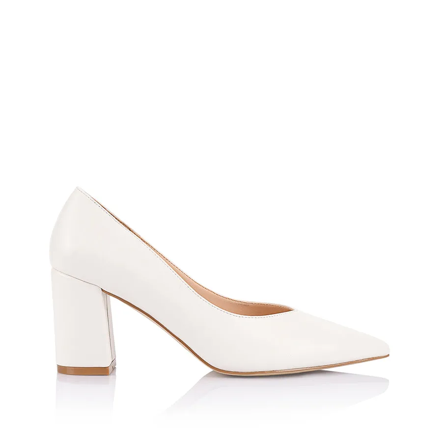Square Toe Chic Shoes Elliot Block Heel Pumps - Chalk White