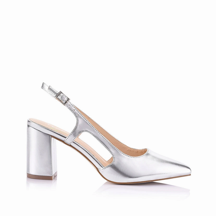 Enrique Sling Back Block Heels - Silver Smooth Peep Toe Booties Classic White Heels