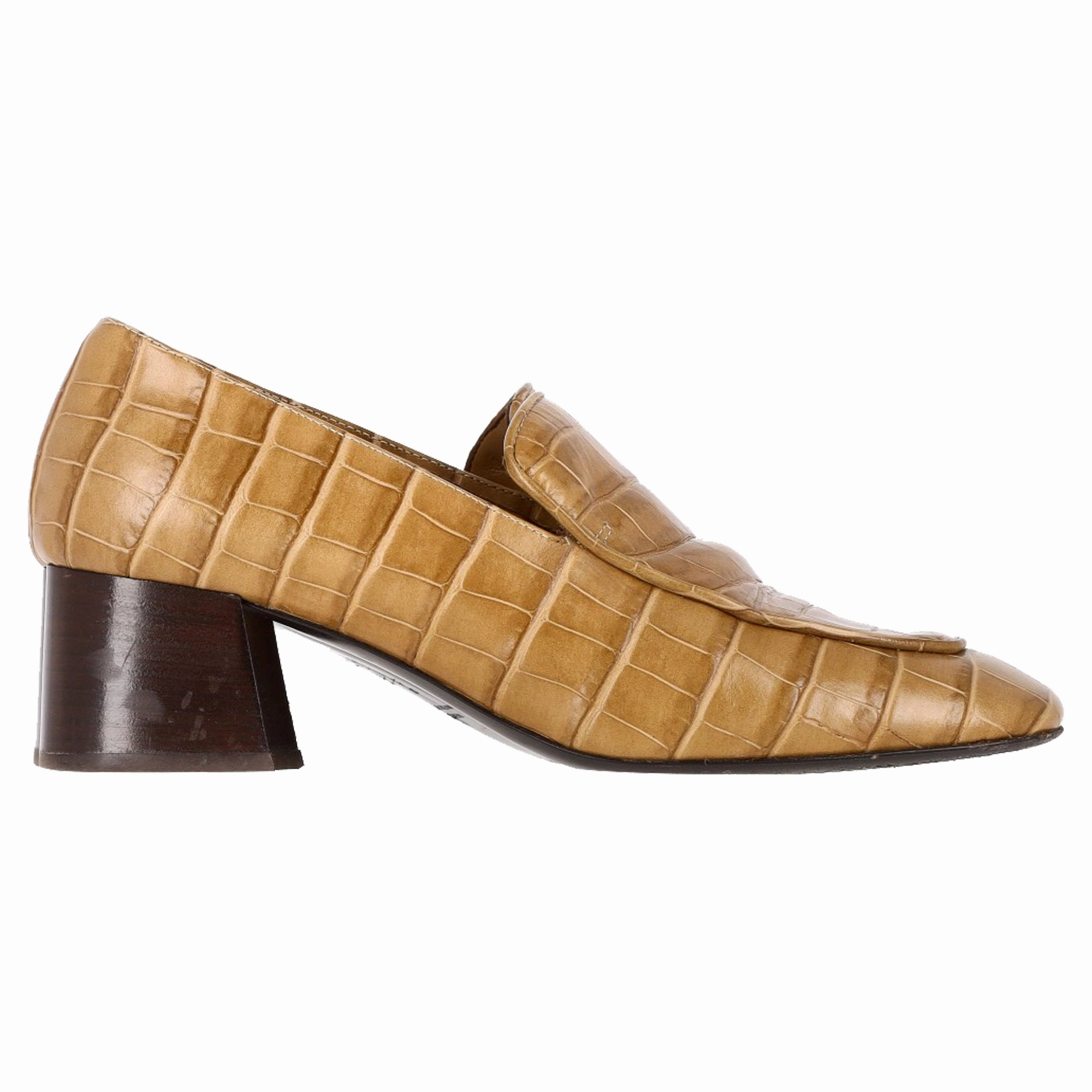 Tot??me Crocodile-Embossed Loafer Pumps in Brown Cowhide Leather Nordic Line Practical Everyday Shoes