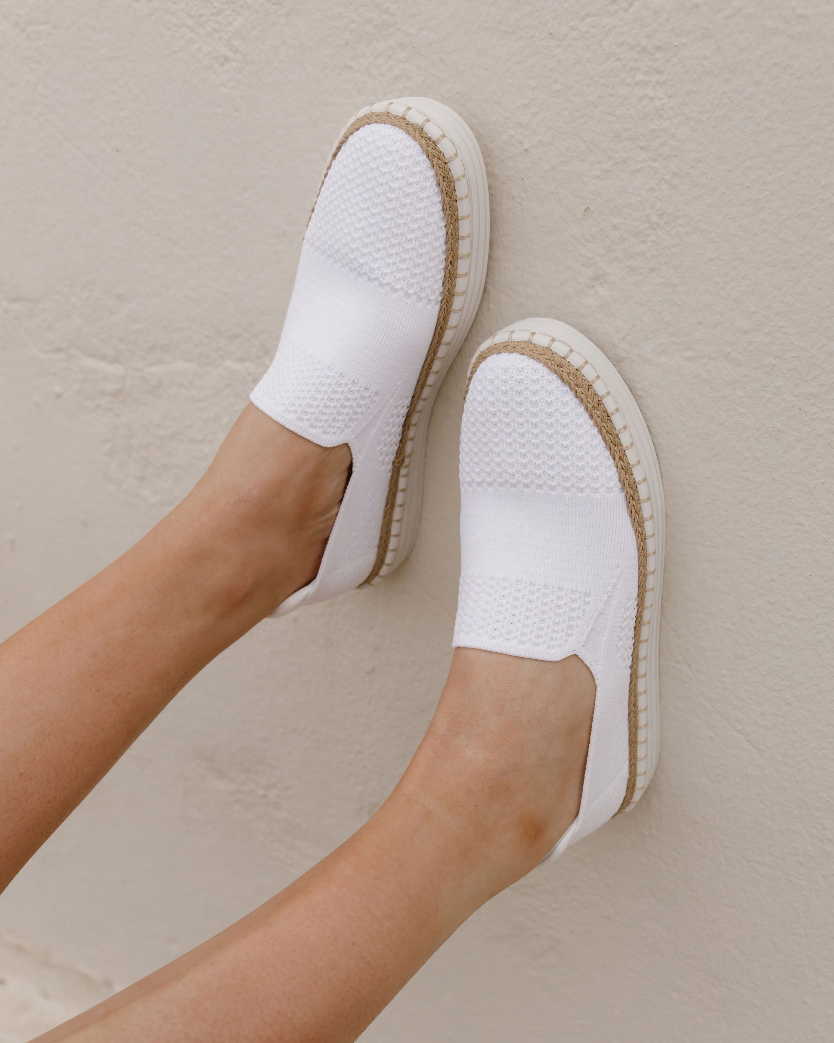 Queen Slip On Sneakers - White Knit Elastic Band Square Time