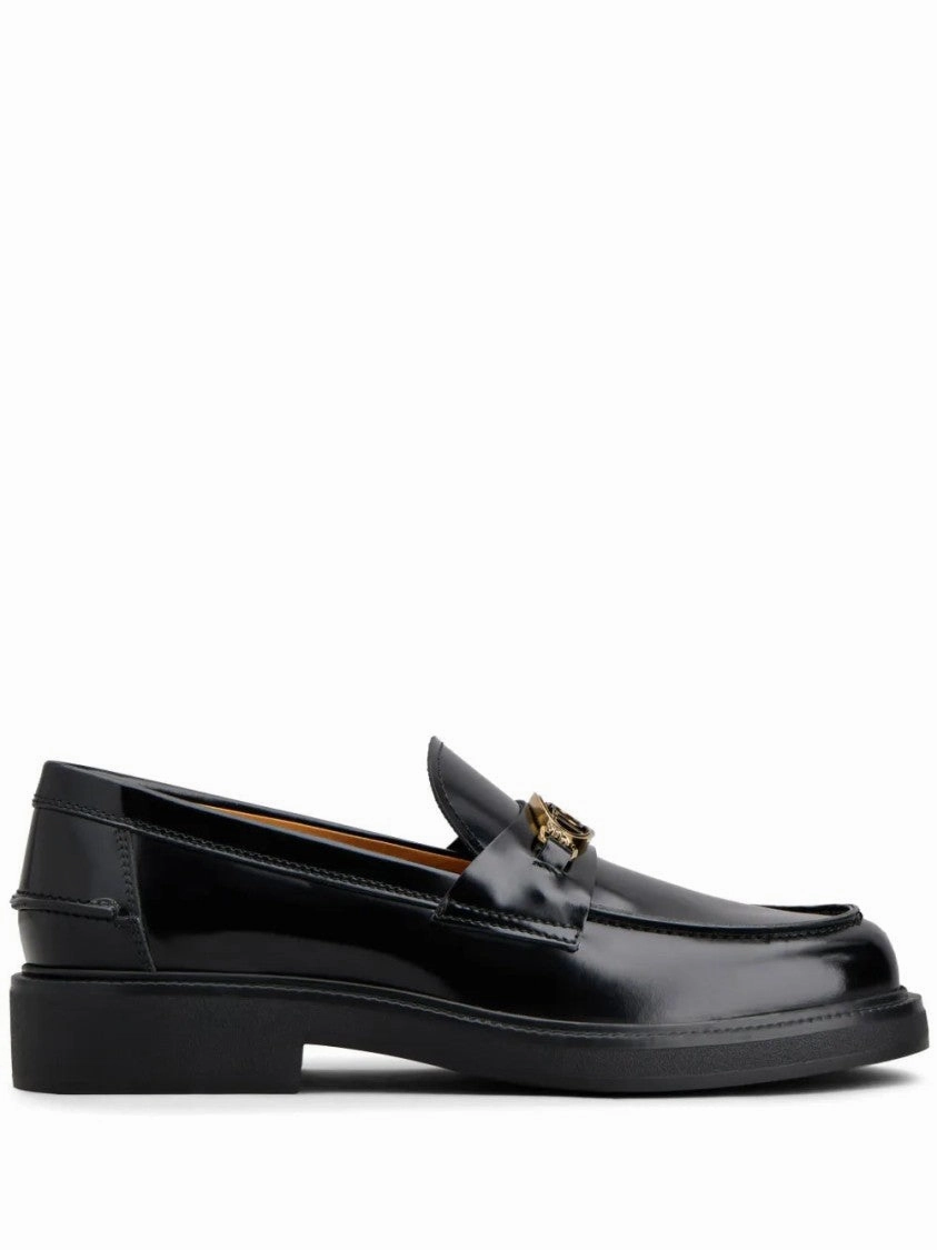 Glossy Black Leather Loafers With Decorative Emblem Dinner Outing True Grip