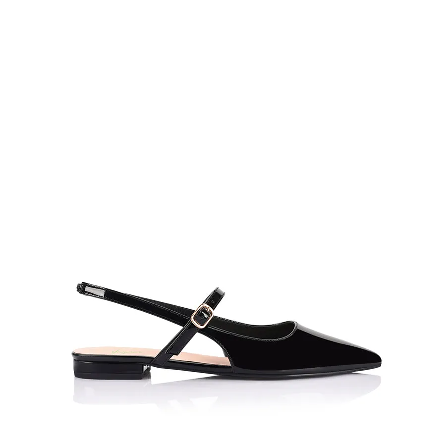 Hiatus Sling Back Flats - Black Patent Airport Style Wood Glow