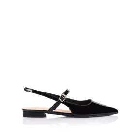 Hiatus Sling Back Flats - Black Patent Airport Style Wood Glow