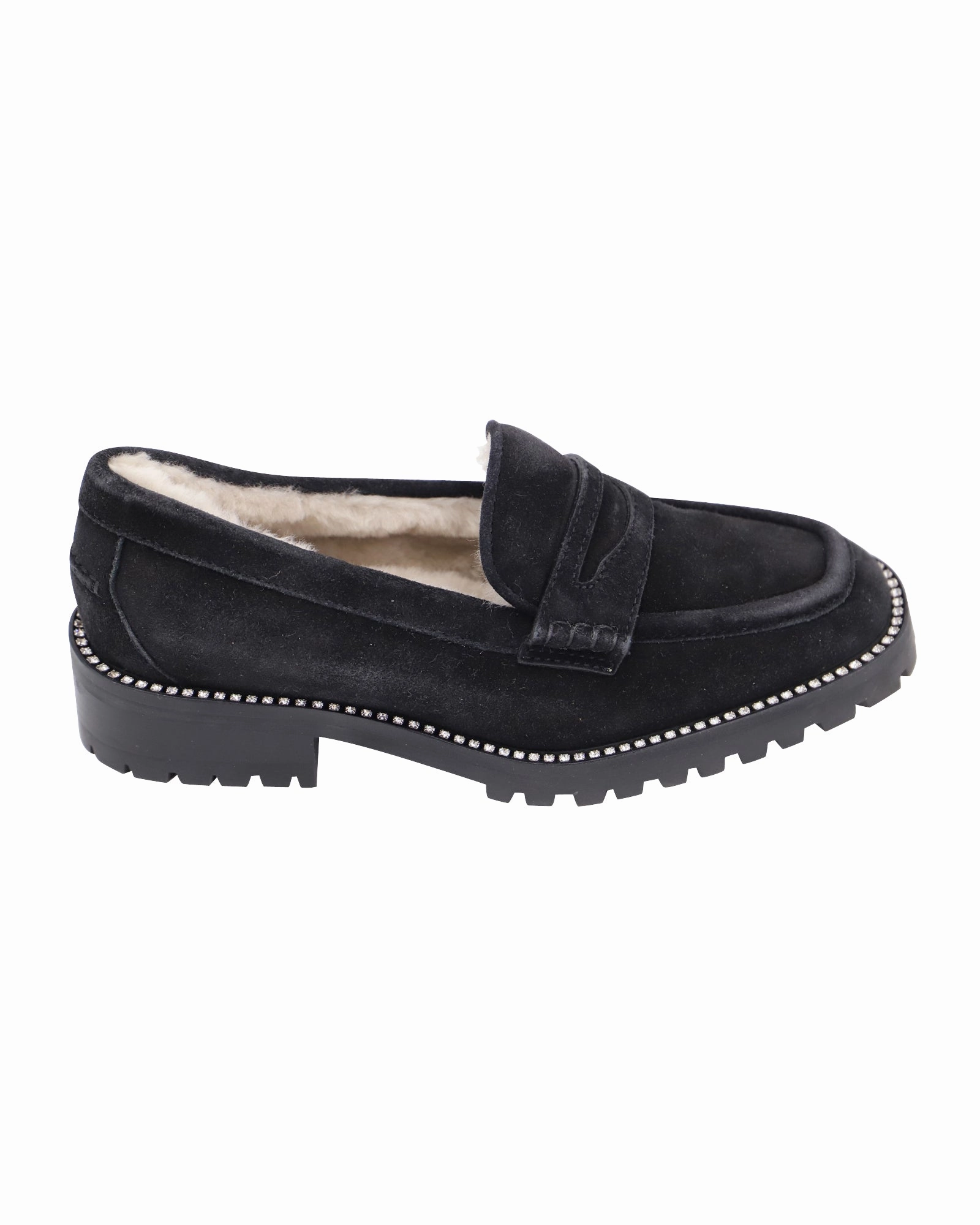 Pebble Grain Jimmy Choo Deanna Crystal-Embellished Shearling-Lined Loafers in Black Suede