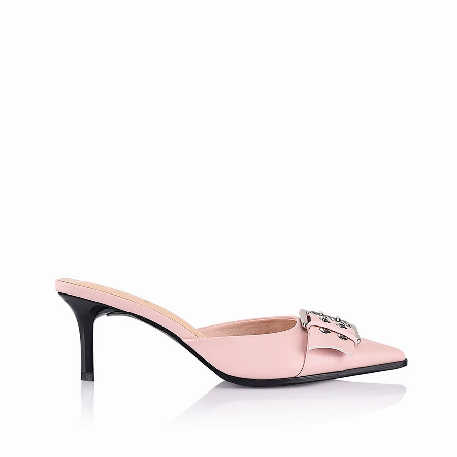 Sez Buckle Stiletto Mules - Blush Pink Smooth Sleek And Comfy Perfect Fit Design