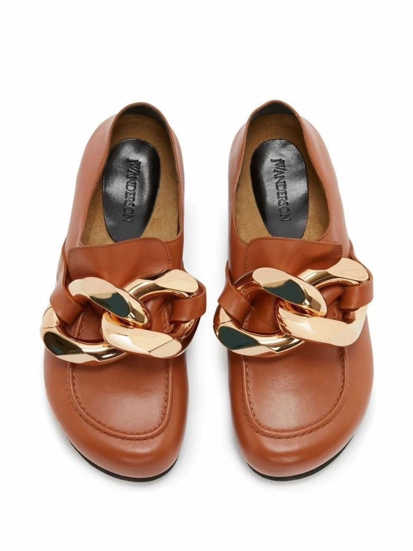 Orange Leather Loafers With Oversized Gold Chain Detail Morning Stroll