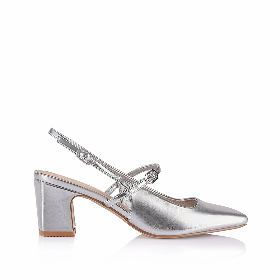 Lolita Slingback Block Heels - Silver Metallic Graceful