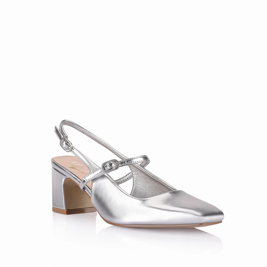 Lolita Slingback Block Heels - Silver Metallic Bridal Stiletto Shoes