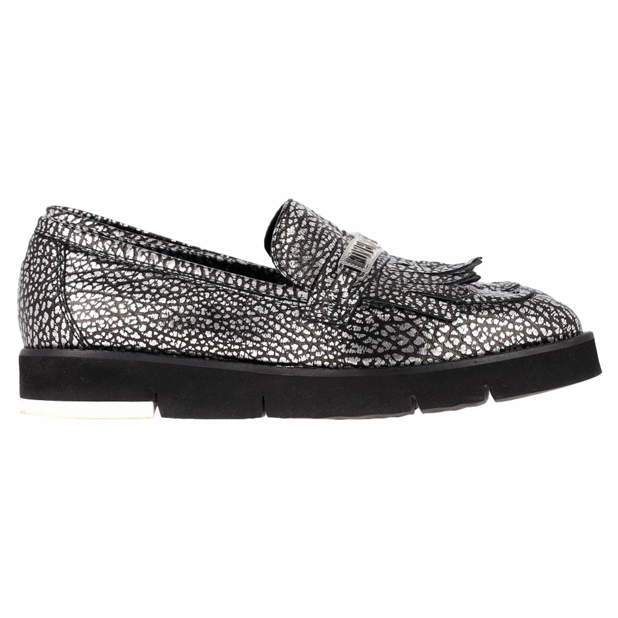 Durable Footwear Love Moschino Cracked Accent Loafers in Metallic Silver Leather