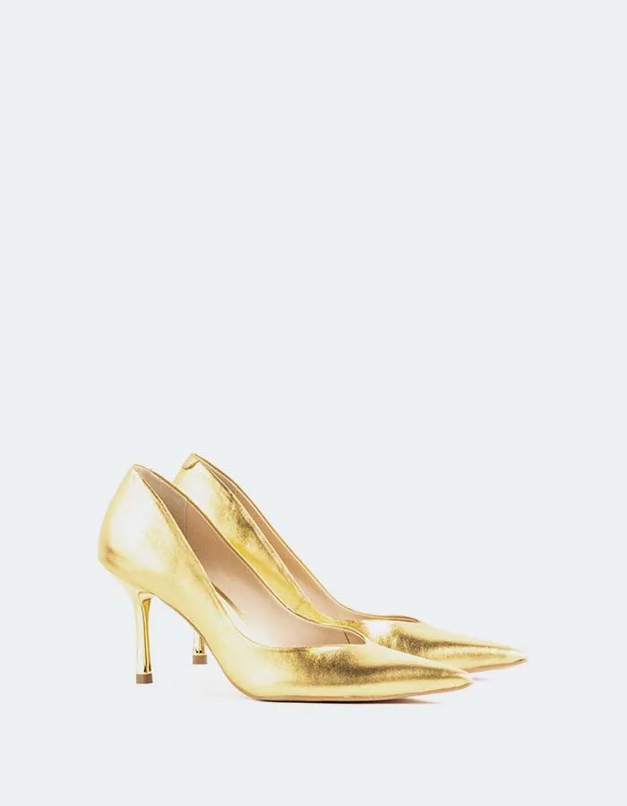 Liora Gold Leather Elastic Band Luxe Evening Heels