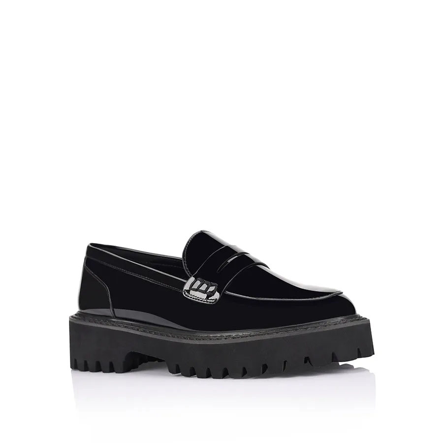 Flexible Padding Neon Chunky Loafers - Black Patent