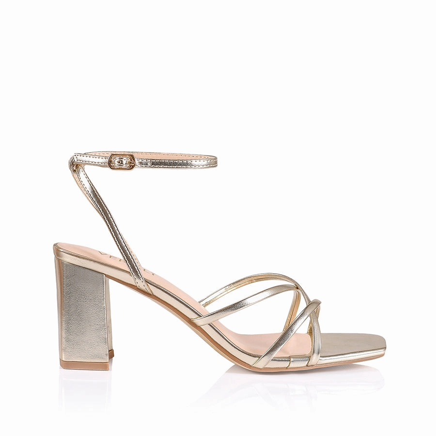 Nakita Block Heel Sandals - Champagne Metallic mesh construction Nude Heels