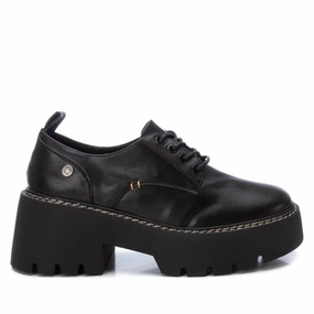 Women's Heeled Lace-Up Loafers In Black Balanced Design Stitched Detailing