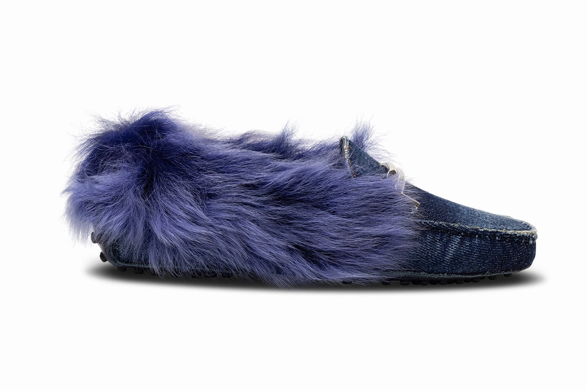 Tod's Gommini Maxi Fur-Lined Denim Loafers Braided Detail Sole Power