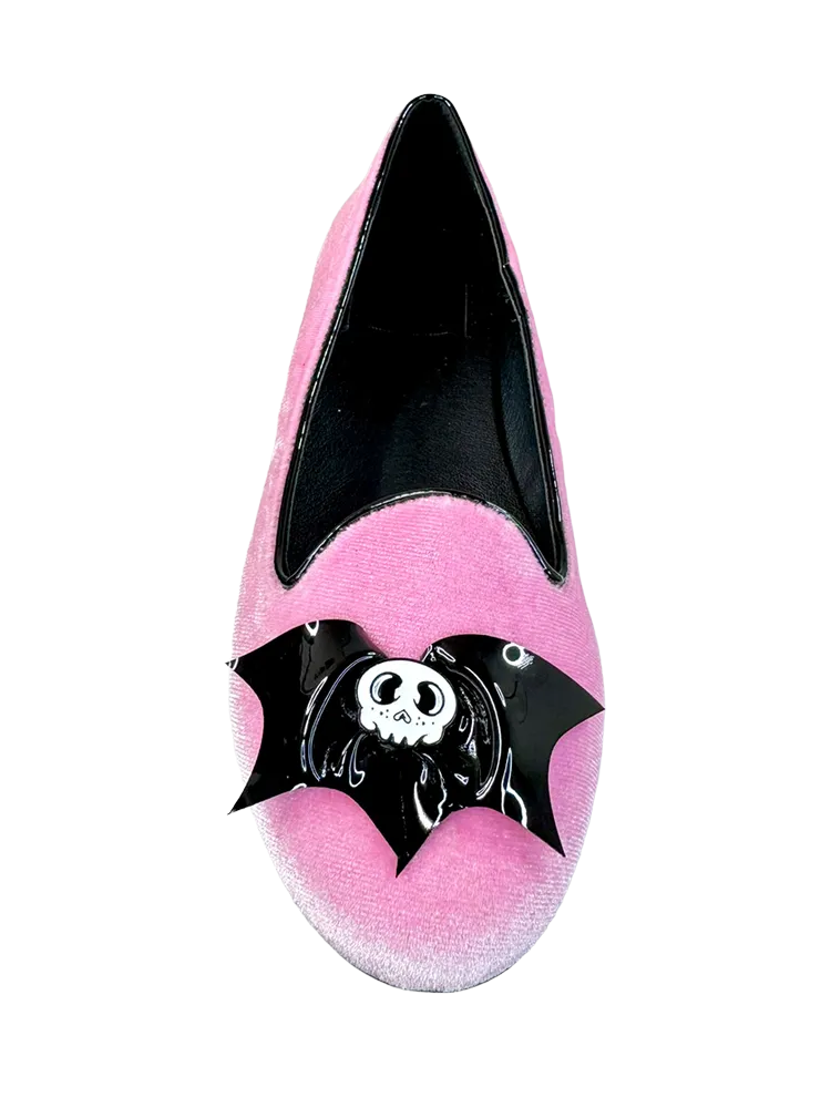 LYDIA SKULL BAT - PINK VELVET Model Mode Peep Toe