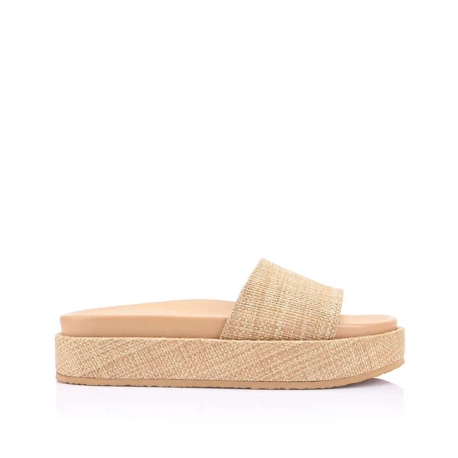Romy Flatform Slides - Natural Raffia Tea Time Odor Resistant