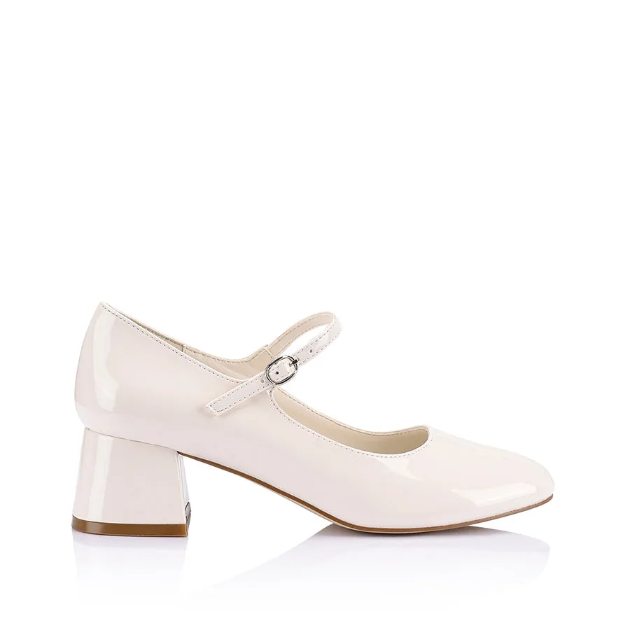 Runway Style Kenna Mary Jane Block Heels - Bone White Patent