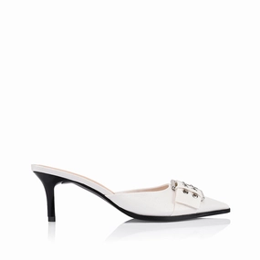 Sez Buckle Stiletto Mules - Chalk White Crinkle Summer Footwear Style
