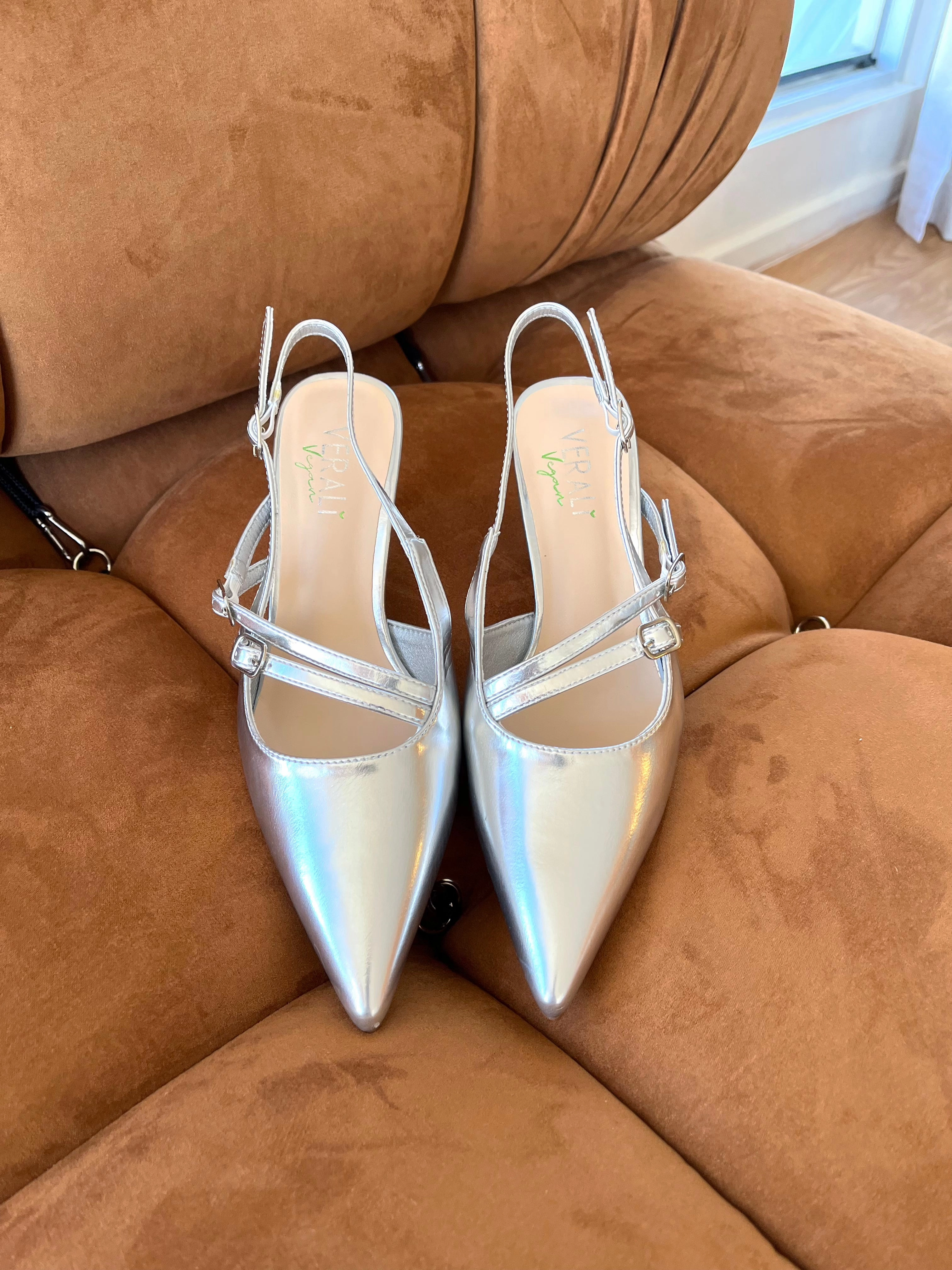 Zedd Point Toe Kitten Heels - Silver Metallic Anti Odor Feature Wedding Day Stilettos