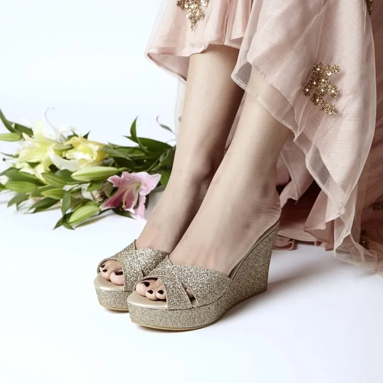 AIYANA- ANTIQUE GOLD WEDGES lace up closure