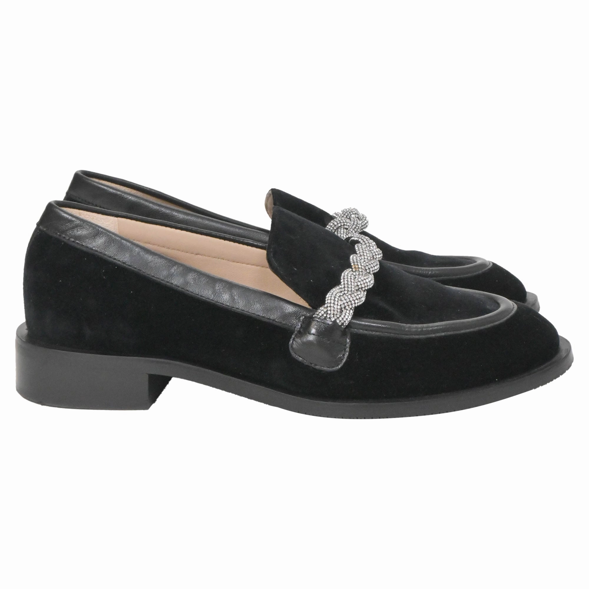 Foot Firm Stuart Weitzman Crystal-Embellished Chain-Link Loafers in Black Suede
