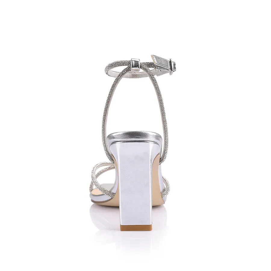 Kian Block Heel Sandals - Silver Smooth Finish Black Leather Stilettos