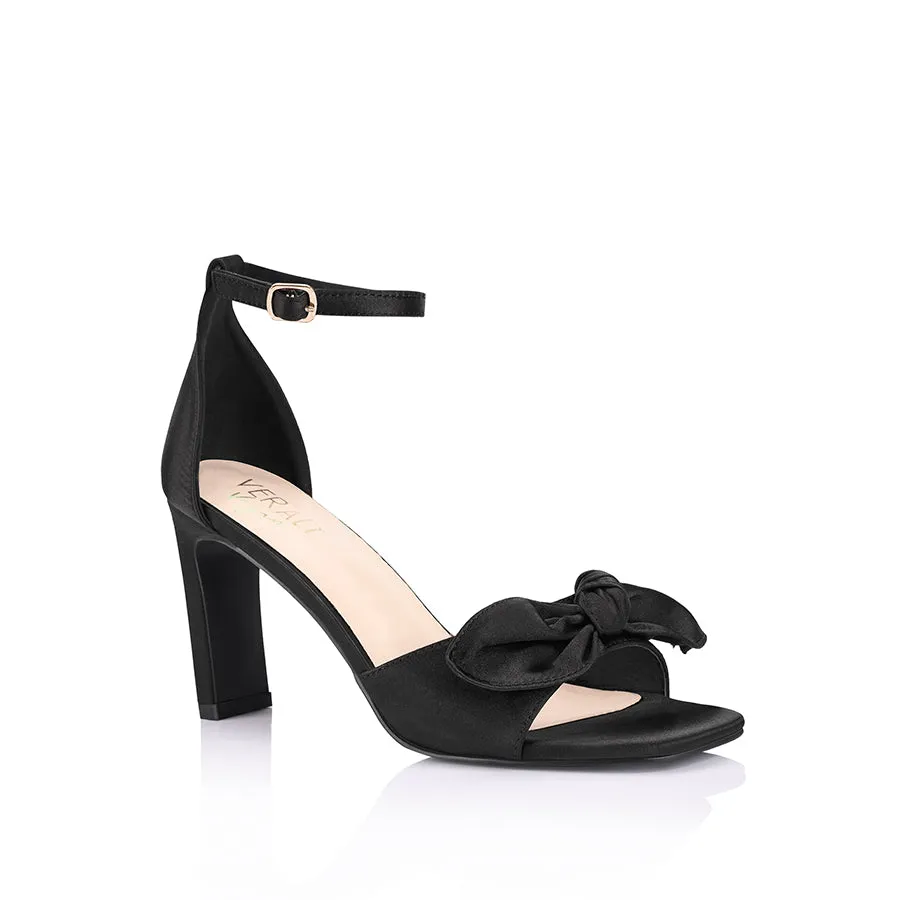 Kara Block Heel Sandals - Black Satin Soft Interior Step Out