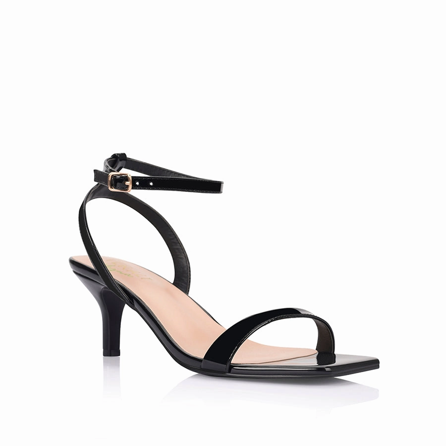Tally Kitten Heel Sandals - Black Patent Classic Mood Low Heel