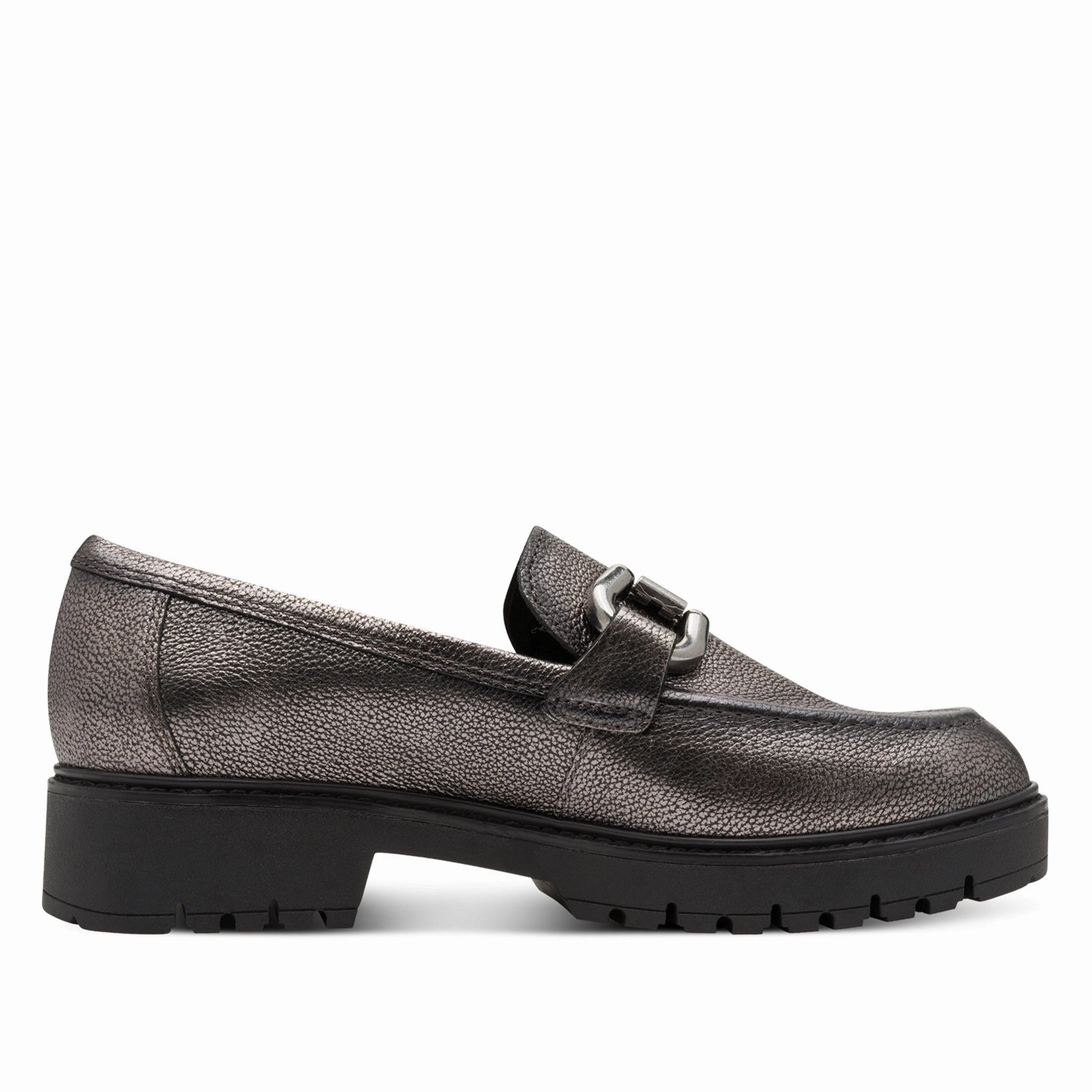 Classic Office Footwear Tamaris Womens Pewter Silver Leather Loafers Slip-On Platform Shoes