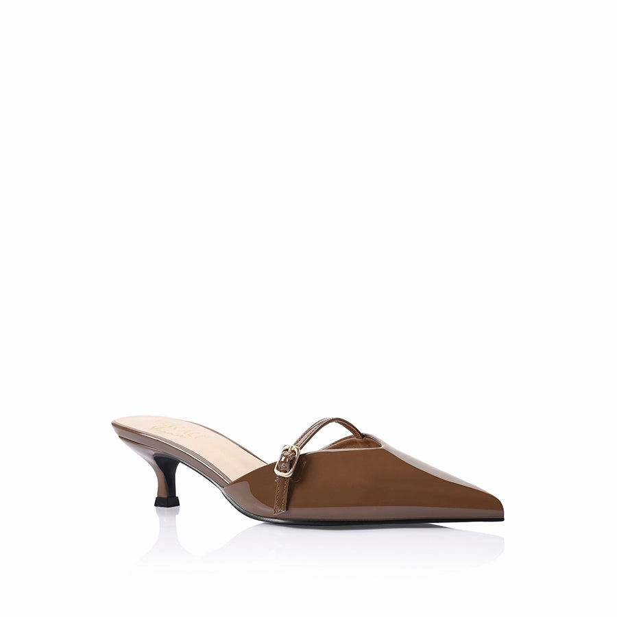 Lunar Point Toe Kitten Heels - Cocoa Brown Patent Quick Slip Sandal