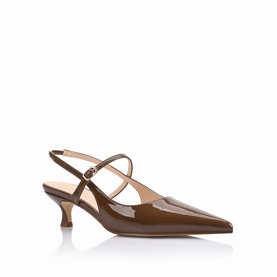 Smooth Surface Luxurious Sandals Luce Slingback Kitten Heels - Cocoa Brown Patent