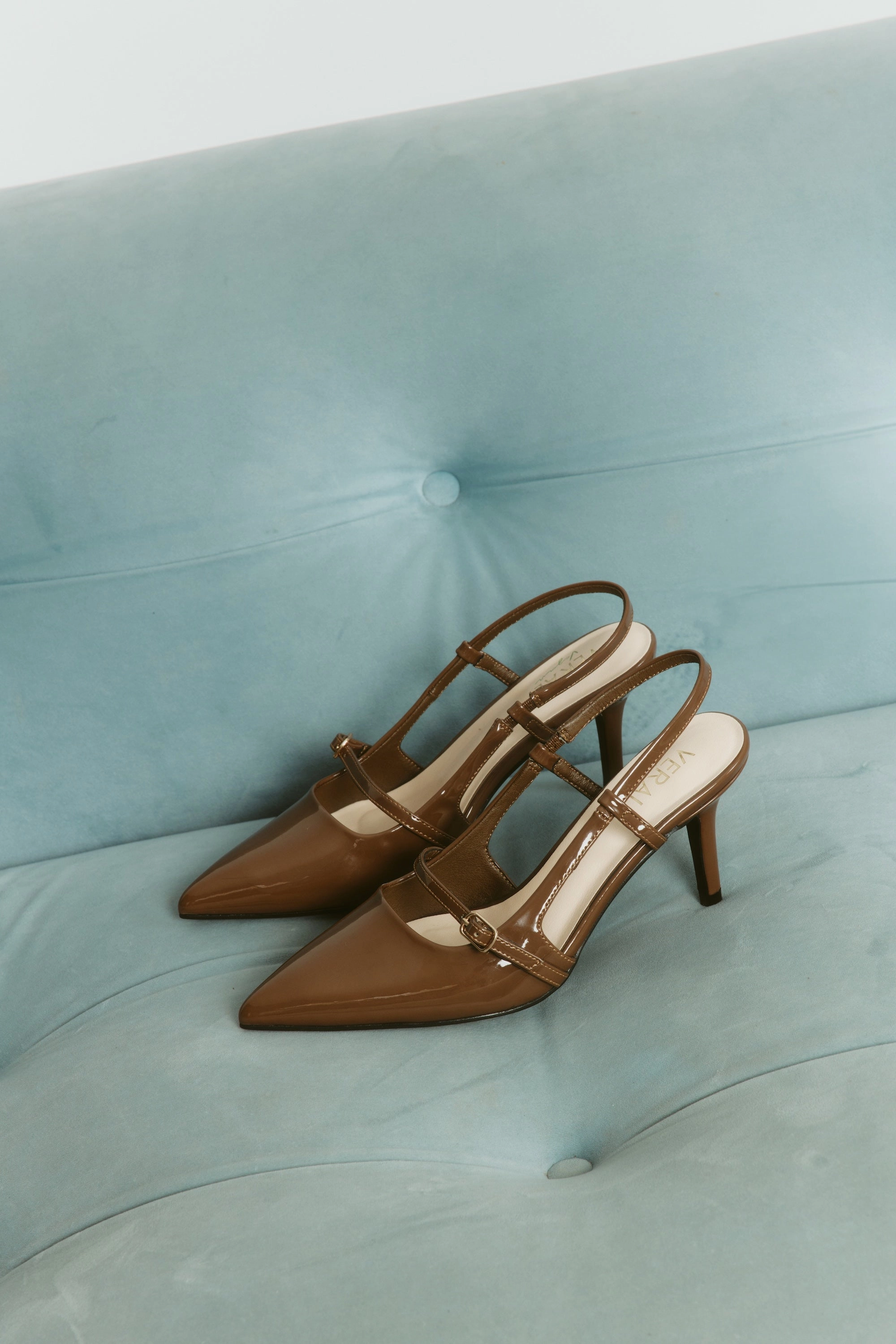 Square Toe Leia Slingback Stilettos - Cocoa Brown Patent