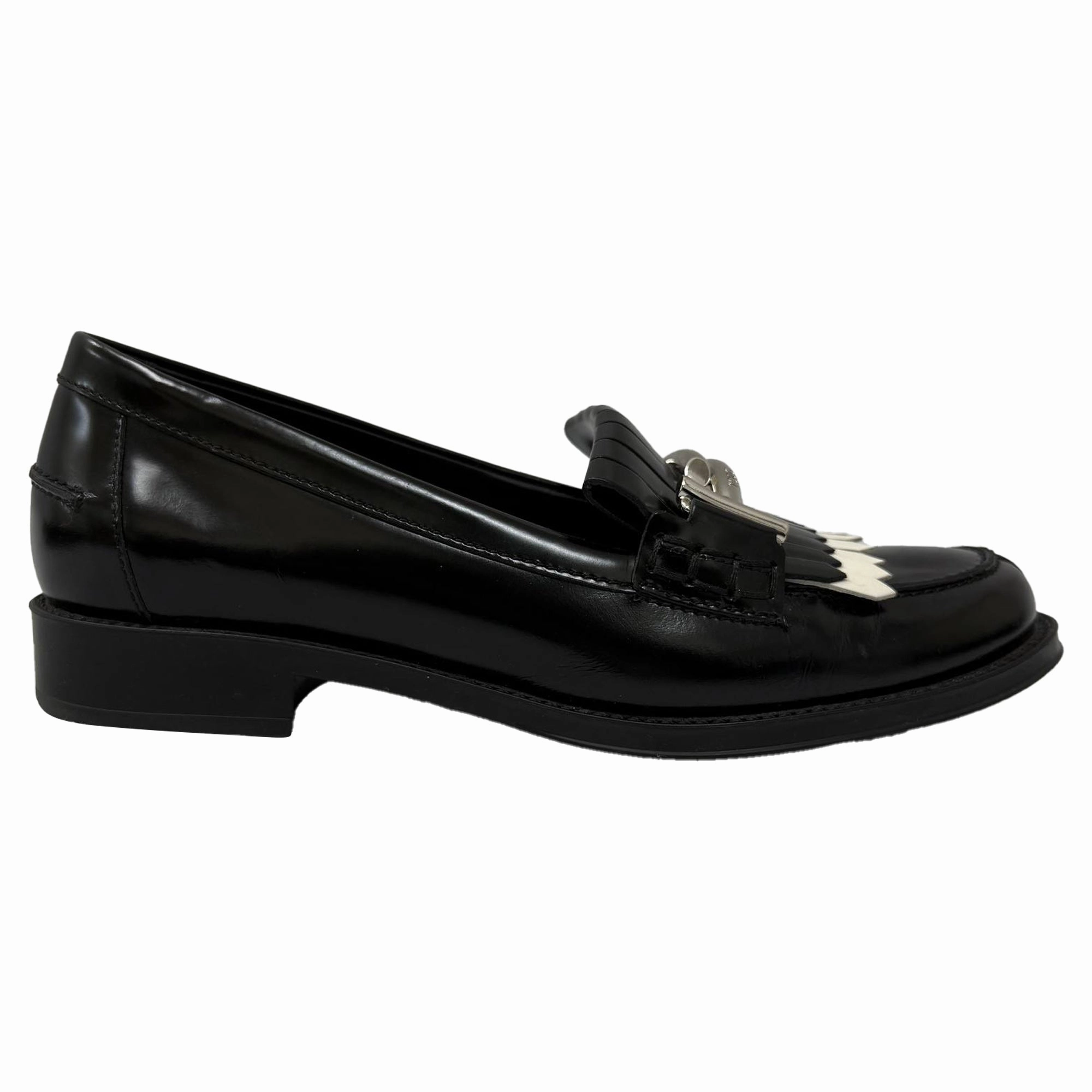 Tod's Gommino Fringe Double T Loafers in Black Leather Sunrise Walk Foot Safe