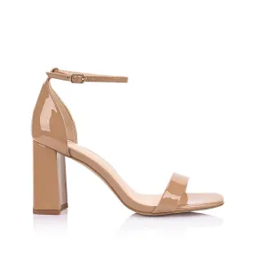 Carly Block Heel Sandals - Dark Camel Patent Secure Grip