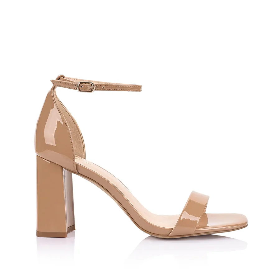 Carly Block Heel Sandals - Dark Camel Patent Secure Grip