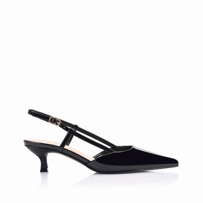 Elastic Goring Lucas Slingback Kitten Heels - Black Patent